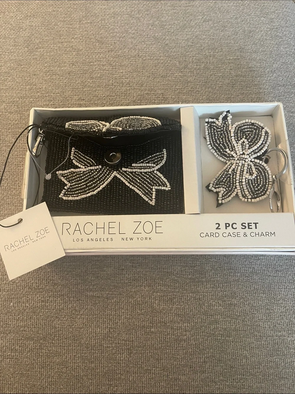 Rachel Zoe Black and White Beaded Card Case with Butterfly Charm